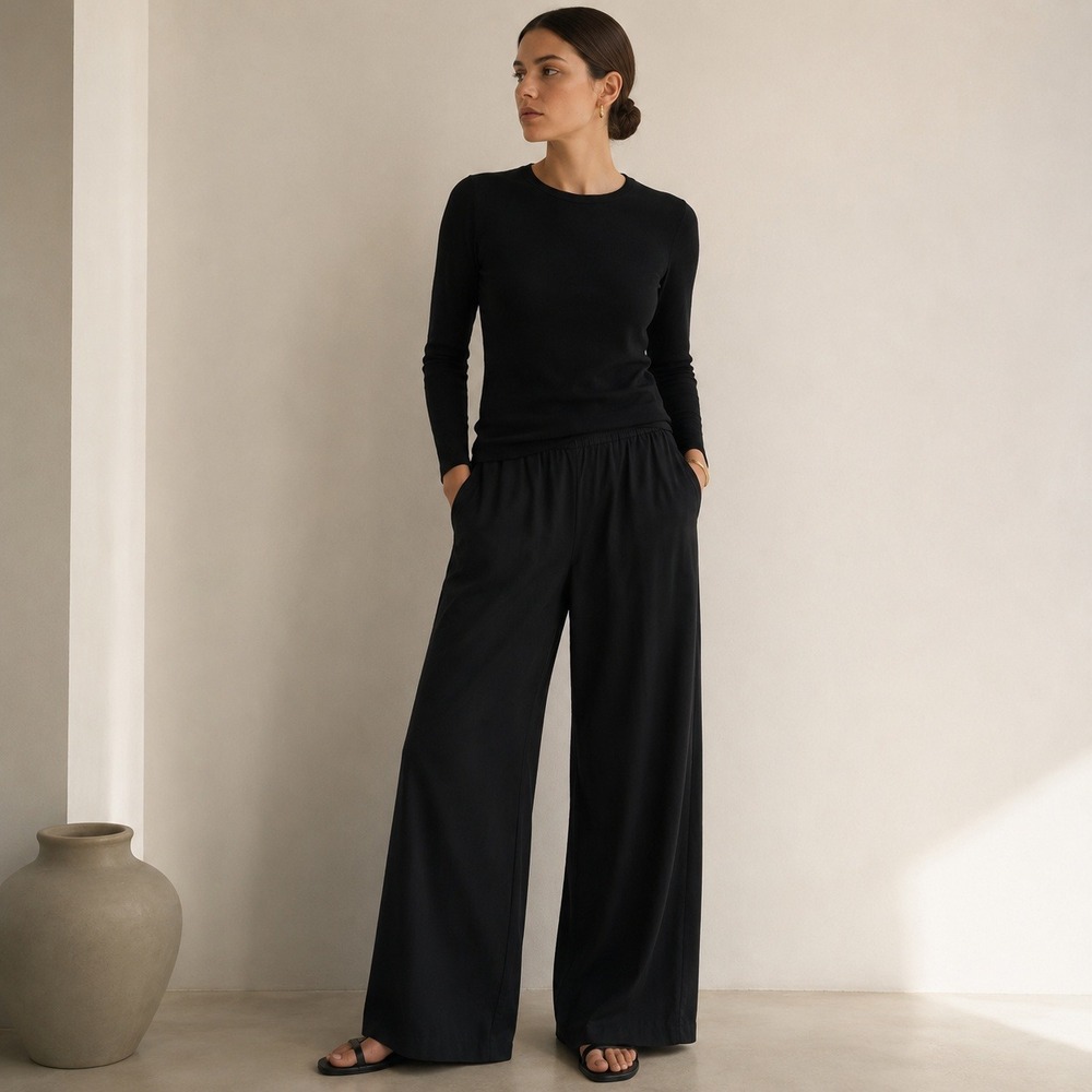 J.Crew Tencel Wide Leg Pants Womens 8 Black Elastic Waist Pockets  Minimalist